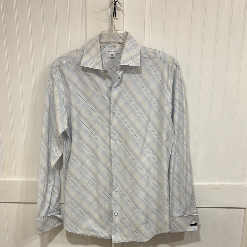 Banana republic, white/blue/yellow button down White Shirt size L 16-16 1/2